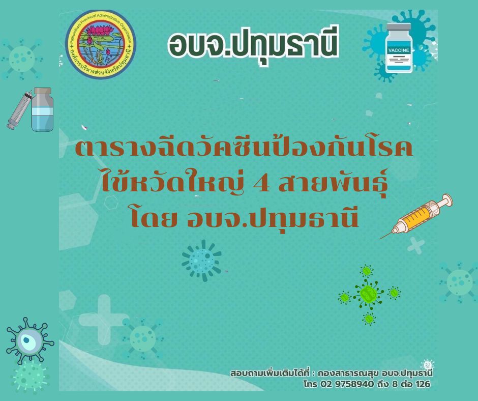 You are currently viewing 📣ตารางฉีดวัคซีนป้องกันโรคไข้หวัดใหญ่ 4 สายพันธุ์ วันที่ 6 พ.ค. 68 โดย อบจ. ปทุมธานี